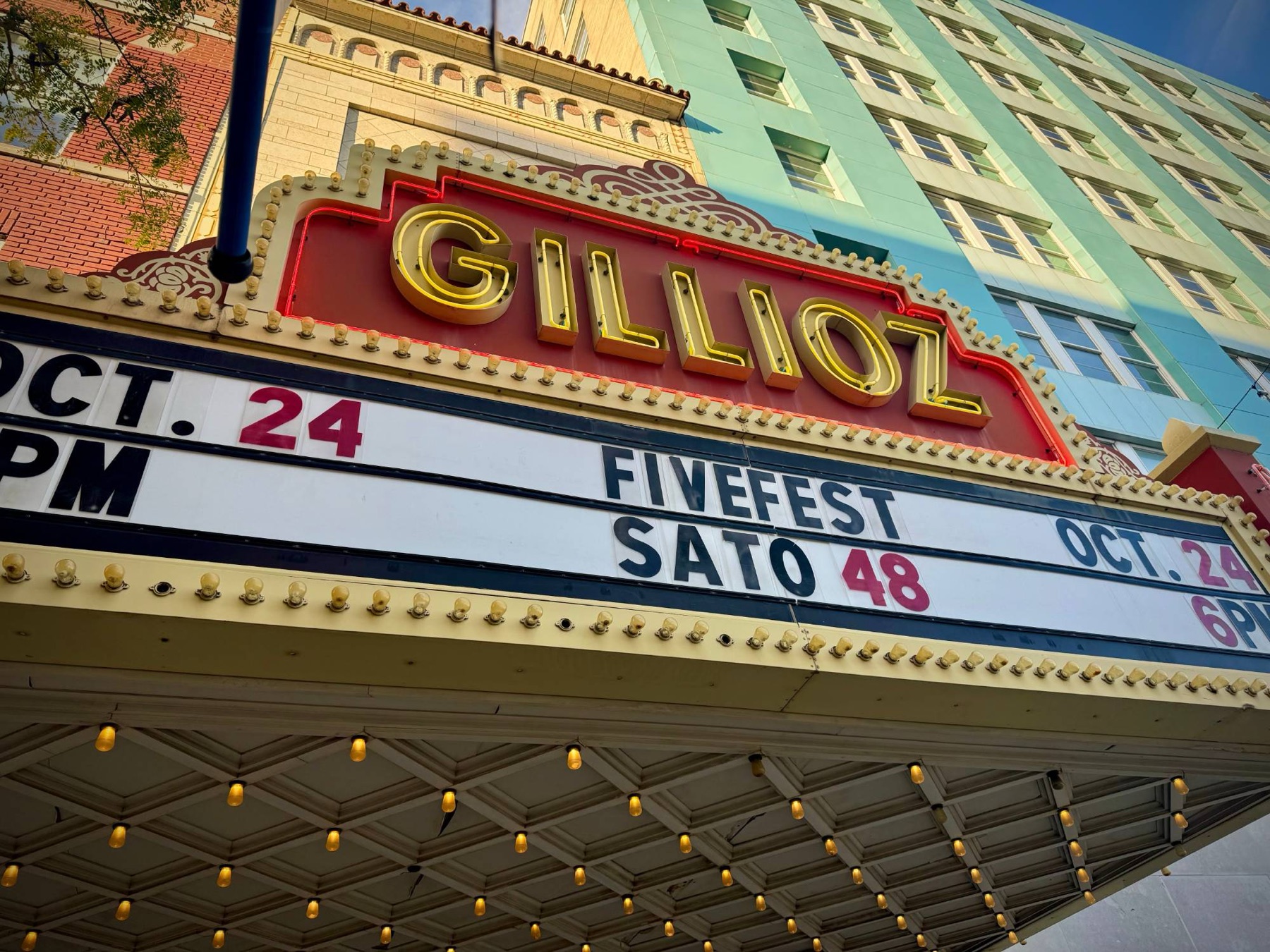 The Gillioz Theatre marquee in Springfield reading FiveFest, SATO48, Oct. 24, 6 PM